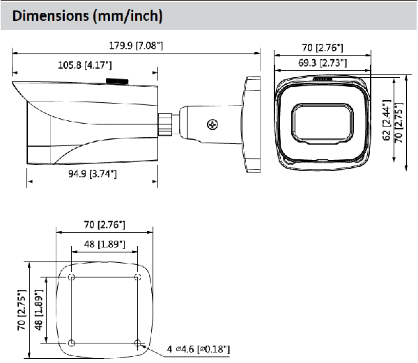 Dahua DH-HAC-HFW2501E-A 5MP Starlight HDCVI IR Bullet Camera Dimensions