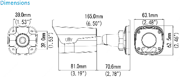 UNV IPC2124SR3-ADPF28M-F 4MP Fixed Mini Bullet Network Camera Dimensions