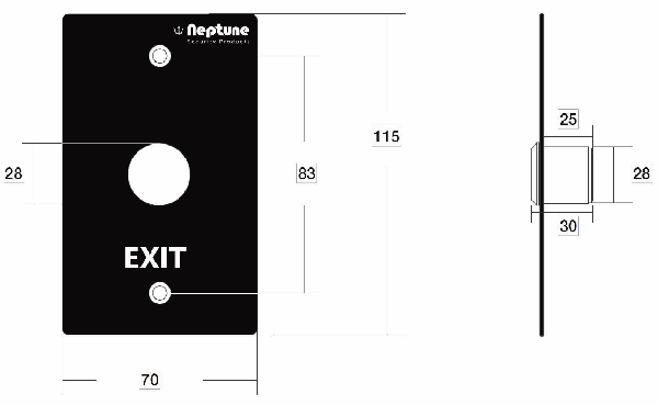 Neptune NENACLSDB Black Touchless Exit Button with Led Indicator Dimensions